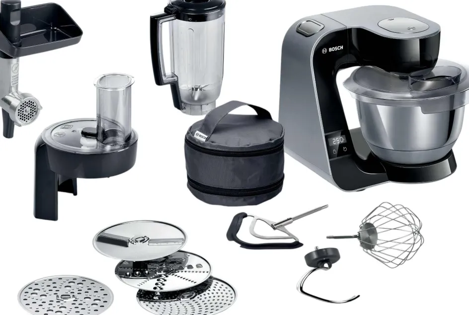New Bosch Serie 4 Køkkenmaskine 1000W inkl. 11 stk. Tilbehør, Sort/Mørkt Sølv
