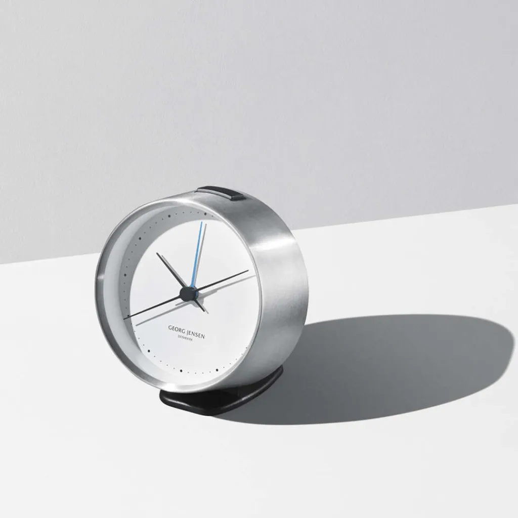 Georg Jensen Ure Og Vejrstationer > Henning Koppel Ur m. Alarm 10 cm, Blankt Stål/Hvid