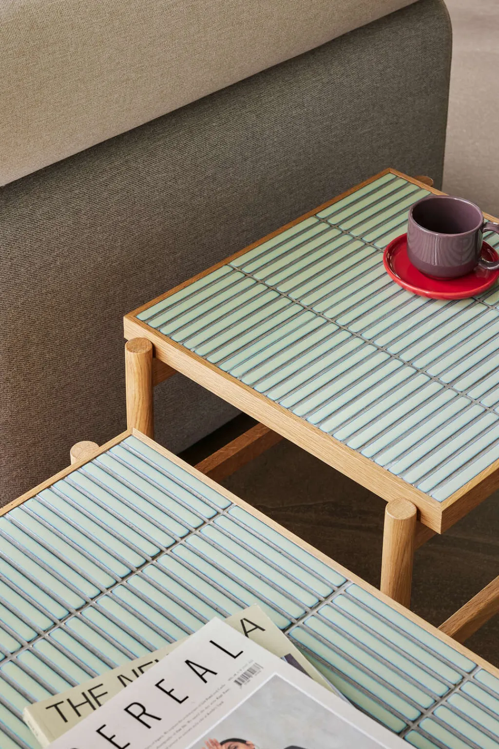 Hübsch Borde > Tile Sidebord H44 cm, Mint/Egetræsfiner