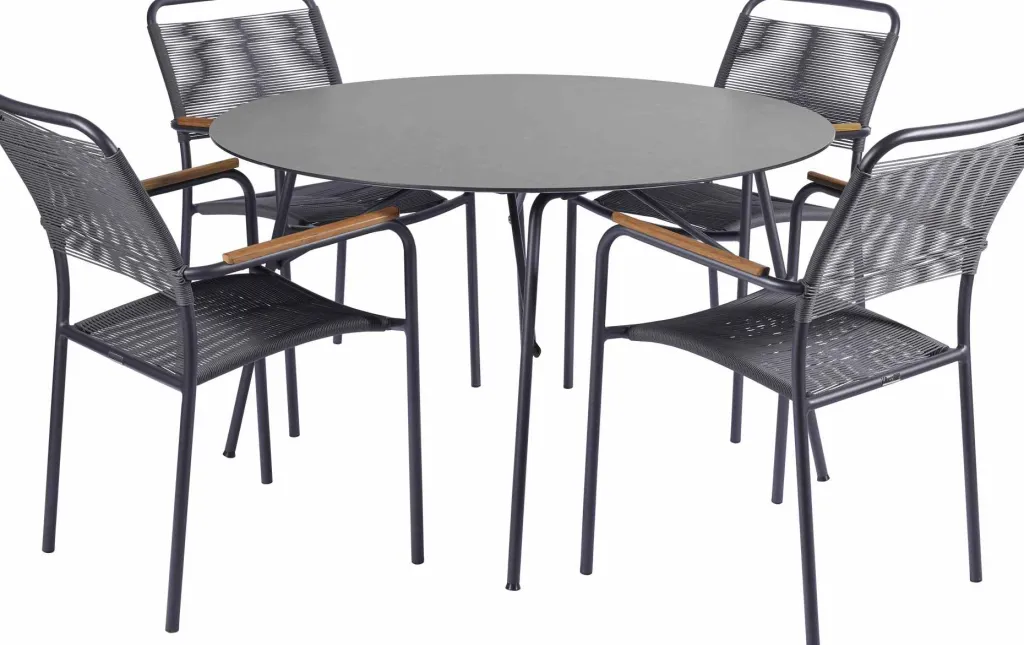 Mandalay Havemøbler|Uderum > Pure Havemøbelsæt m. 4 Verona Stole m. Teak Armlæn Ø120 cm, Antracit