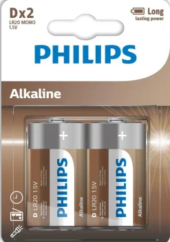 New Philips Alkaline D-batteri 2 stk.