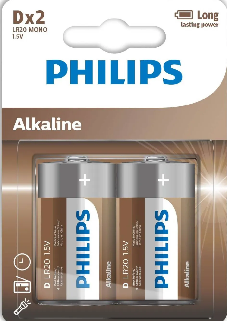 New Philips Alkaline D-batteri 2 stk.