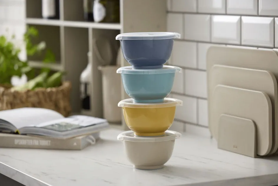 New Rosti Margrethe Røreskålesæt m. Låg 4 stk. 0,5 L, Humus/Curry/Dusty Blue/Nordic Green