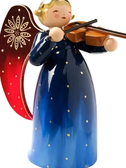 Discount Richly Painted Angel, Engel m. Violin , Blå Træfigurer Og Figurer